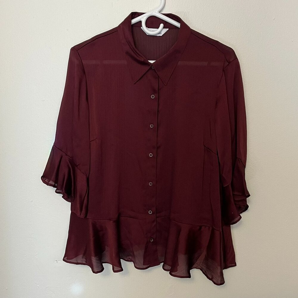 Nina West Blouse Button-Up Maroon Red Size L NWOT